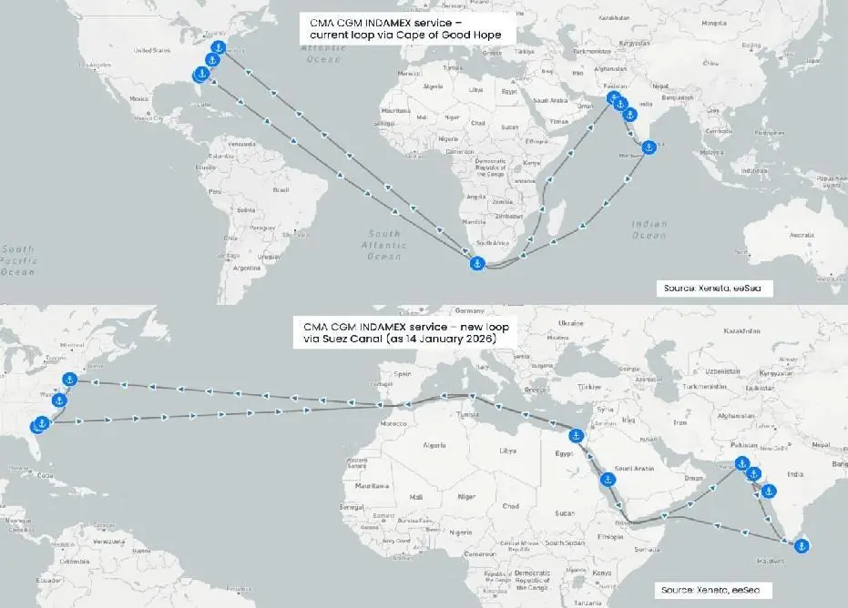 Two maps showing CMA CGM routes around the Cape of Good Hope and through the Suez Canal