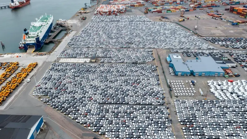Aerial image of an automotive RoRo terminal at the Port of Gothenburg