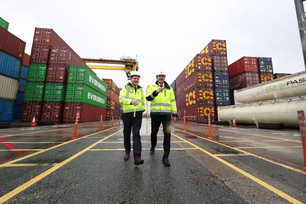 Peter Burke T.D., Minister for Enterprise, Tourism and Employment with Dublin Port CEO Barry O'Connell to mark the delivery of new refrigerated container infrastructure at Dublin Port.