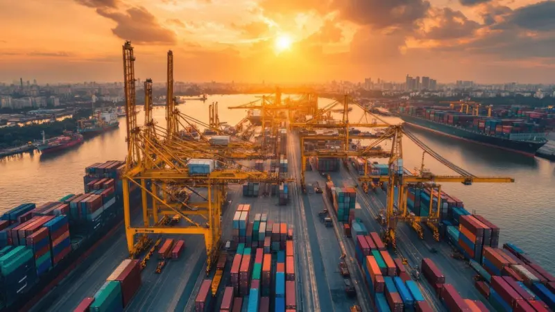 An AI generated image of a port quayside at sunset