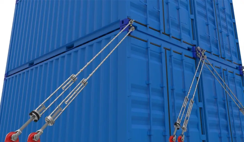 Balanced lashing system on a blue container