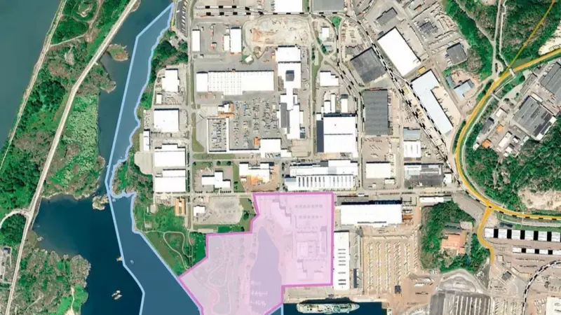 A aerial shot with pink and blue markings indicating the areas being acquired by the Port of Gothenburg