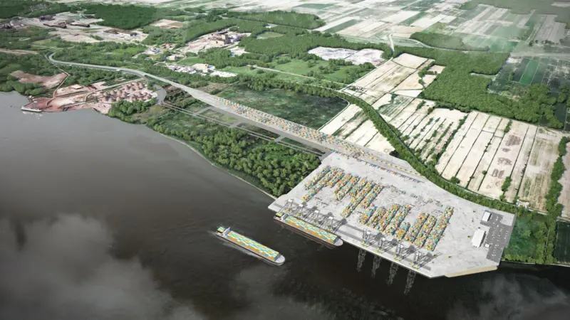 Aerial image of a new container terminal at the Port of Montreal