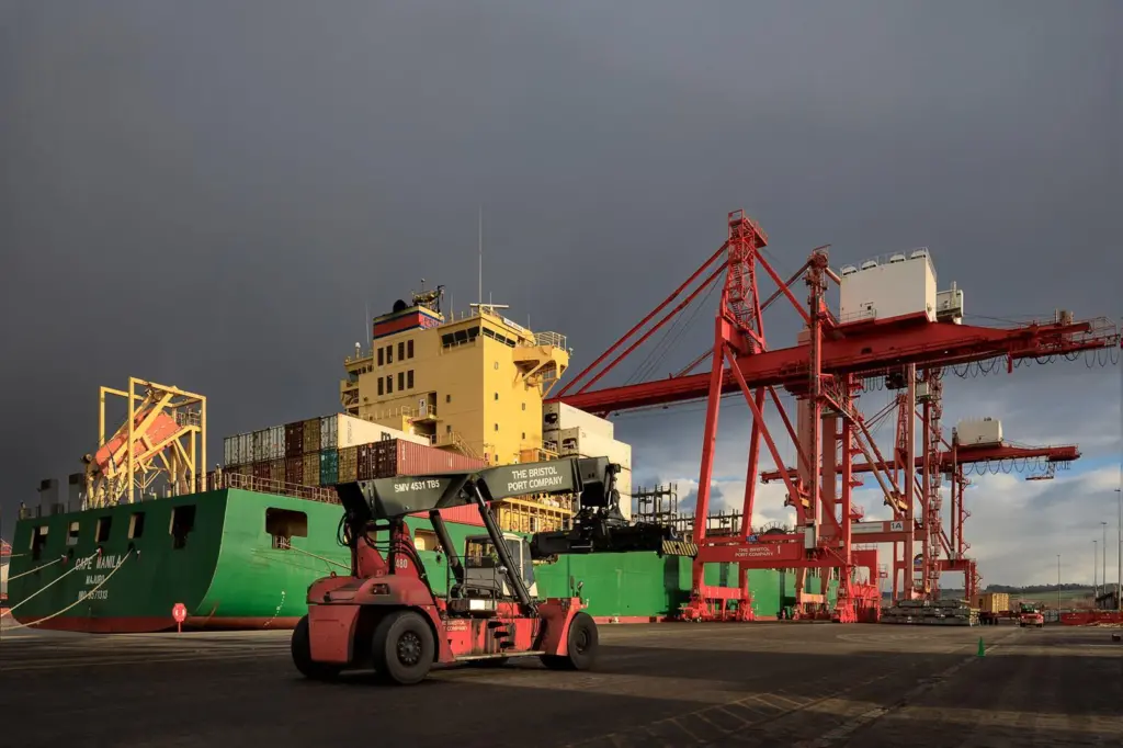 Equipment and boat and cranes at the Port of Bristol