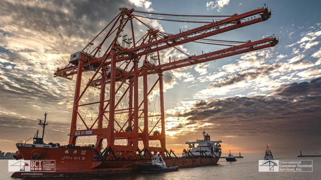 Two quay cranes arriving at the Port of Gdynia
