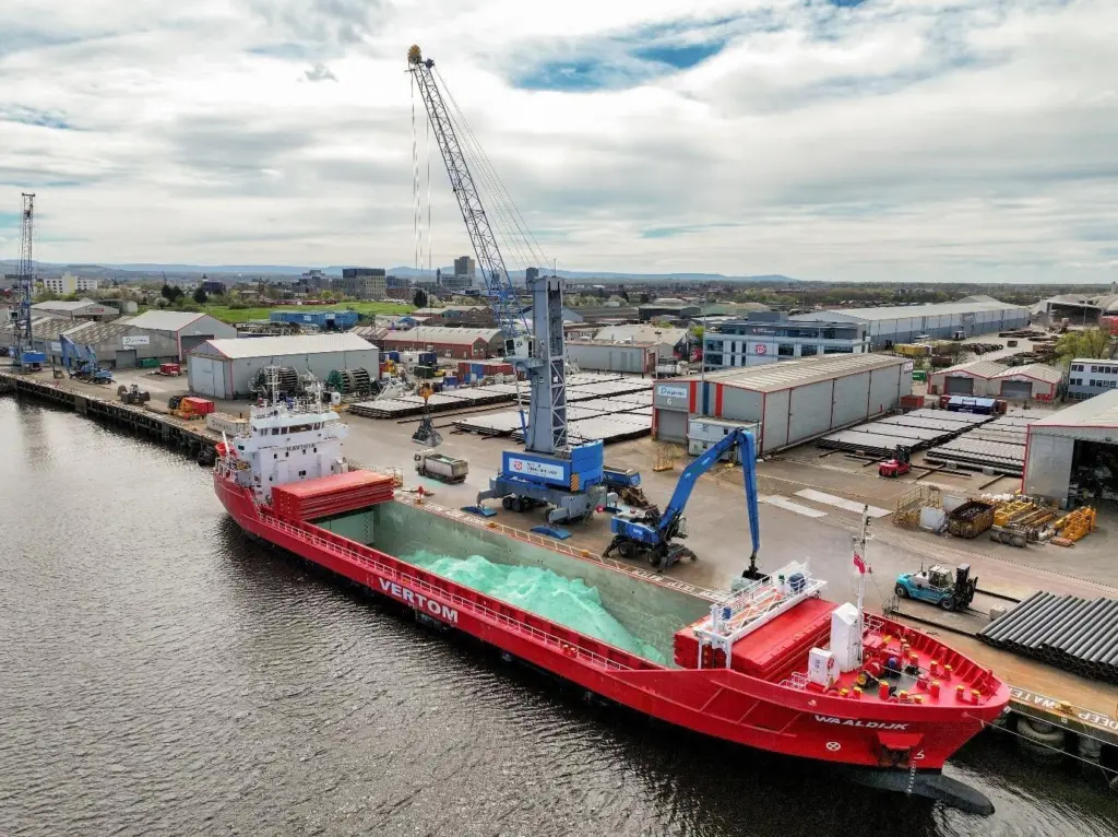A ship docking at the Port of Middlesbrough, carrying ferrous sulphate