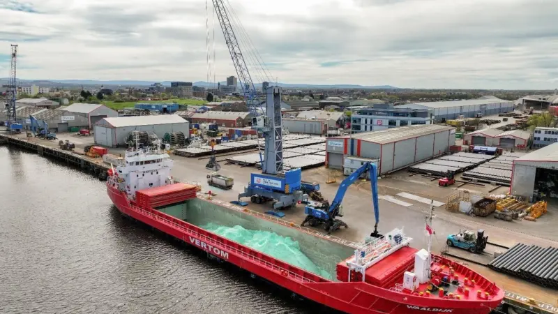 A ship docking at the Port of Middlesbrough, carrying ferrous sulphate