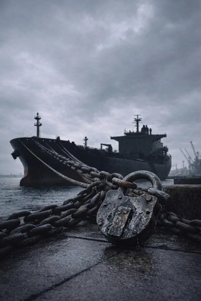Ship with a padlocked anchor