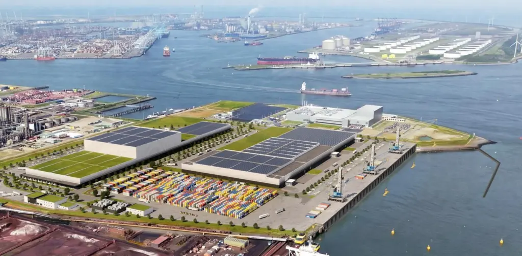 artist's aerial impression of a food storage facility at the Port of Rotterdam