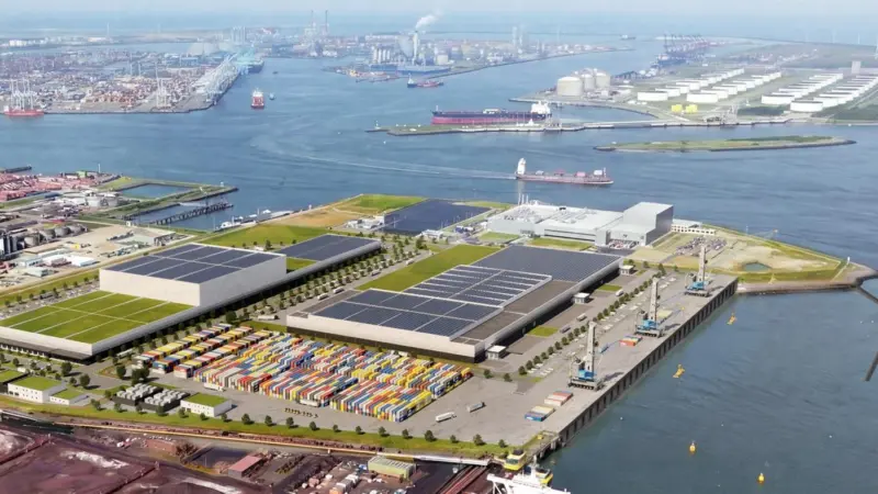 artist's aerial impression of a food storage facility at the Port of Rotterdam