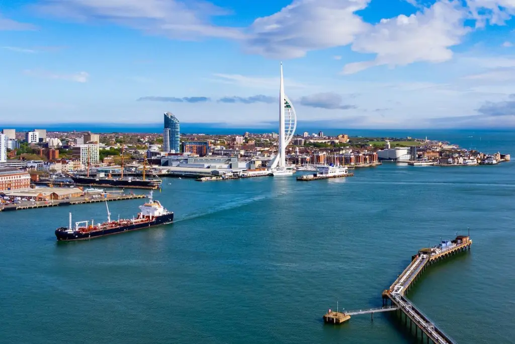 A wide angle shot of Portsmouth Harbour with the Spinnaker Tower in the background