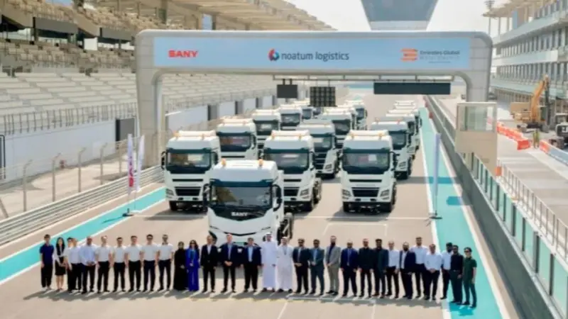 The first batch of 110 Sany heavy trucks pictured at Noatum Logistics