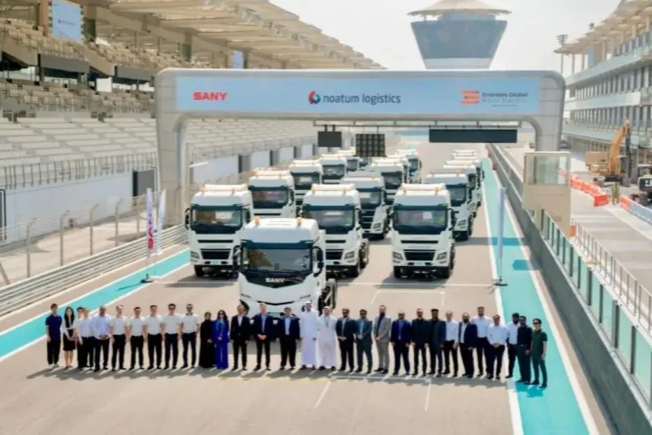 The first batch of 110 Sany heavy trucks pictured at Noatum Logistics