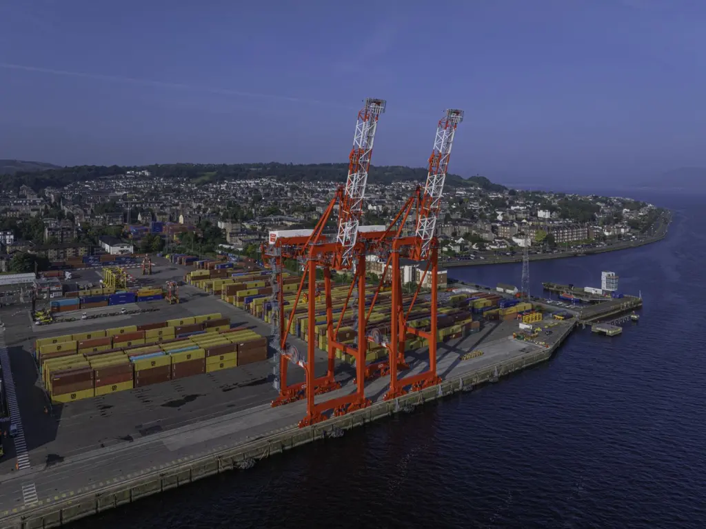 Port of Greenock with two red cranes