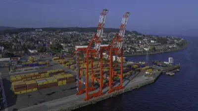 Port of Greenock with two red cranes