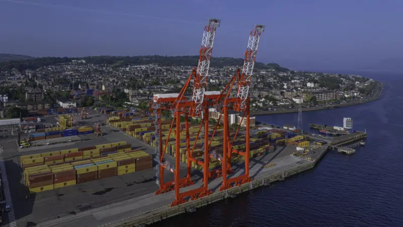 Port of Greenock with two red cranes