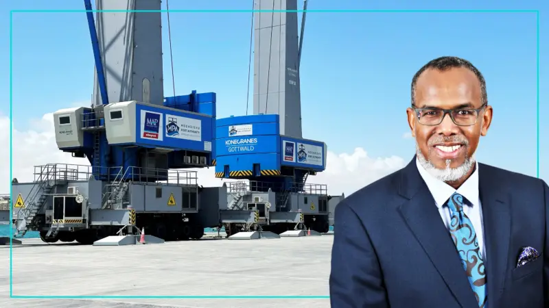 Mohamed Ali Nur, Director General of the Mogadishu Port Authority superimposed on an image of port equipment