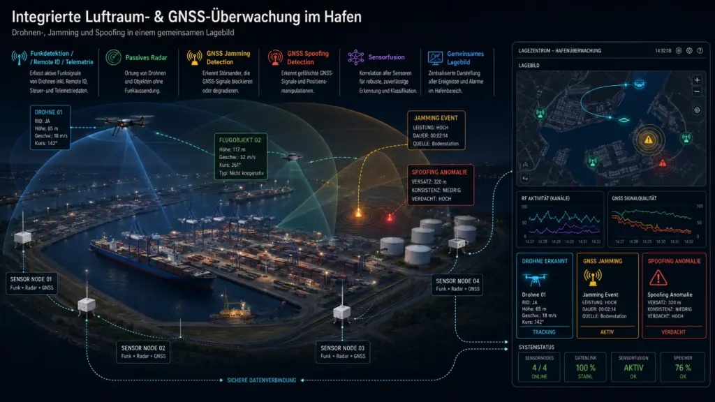 Graphic showing how ports can be monitored to protect them from airborne attack