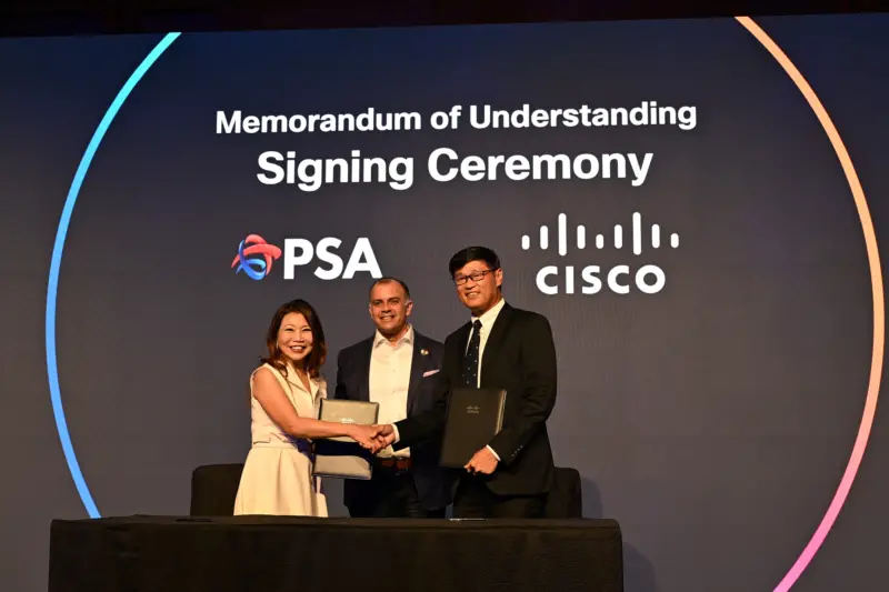 (l-r) Tay Bee Kheng, president, Cisco ASEAN, Clarence Barboza, managing director, Digital Impact Office, Cisco APJC, Nelson Quek, regional CEO Southeast Asia, PSA International