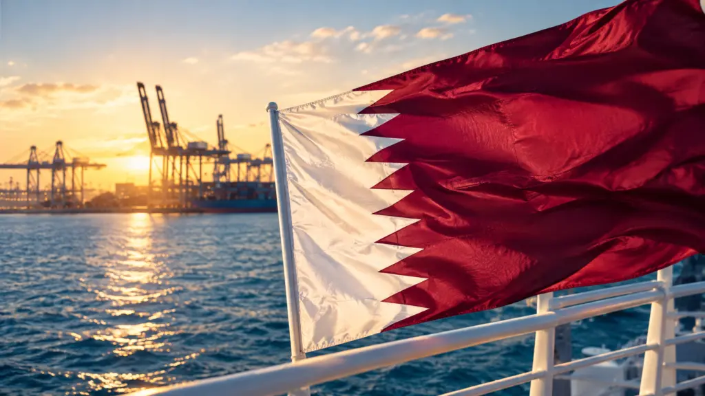 Qatar flag with port in background