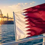 Qatar flag with port in background