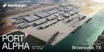 Saronic Port Alpha rendering showing warehouses